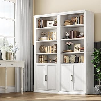 Rresyet 28 W Bookcase and Bookshelf with Doors, Modern Tall Bookshelf 6-Tier White Bookshelves with Storage Cabinet for Office, Living Room, Library