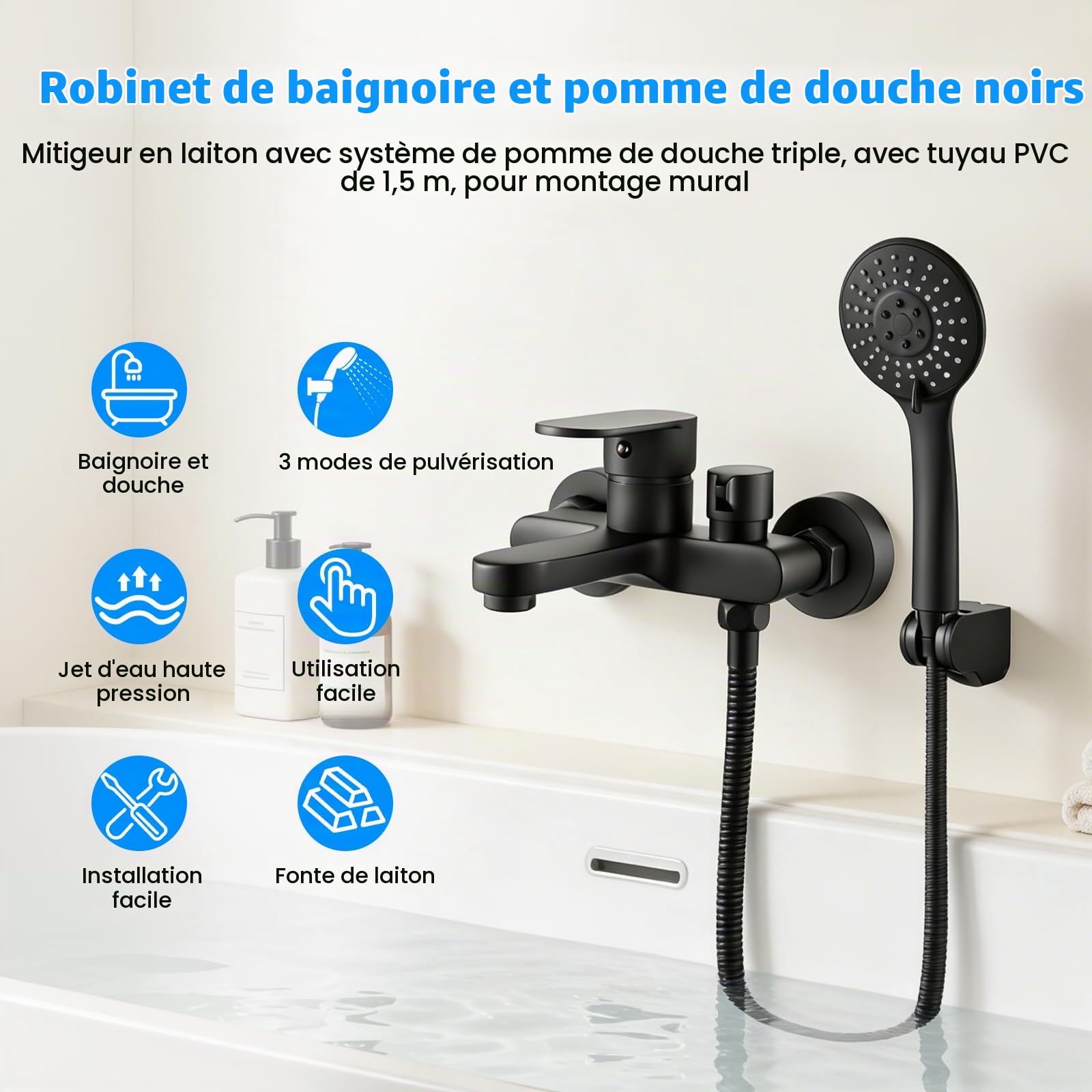 Robinet Baignoire avec Douchette, Mitigeur de Bain Noir, Mitigeur pour Salle de Bains en Laiton, Robinet Douche Mural avec Tuyau en PVC de 1,5 m