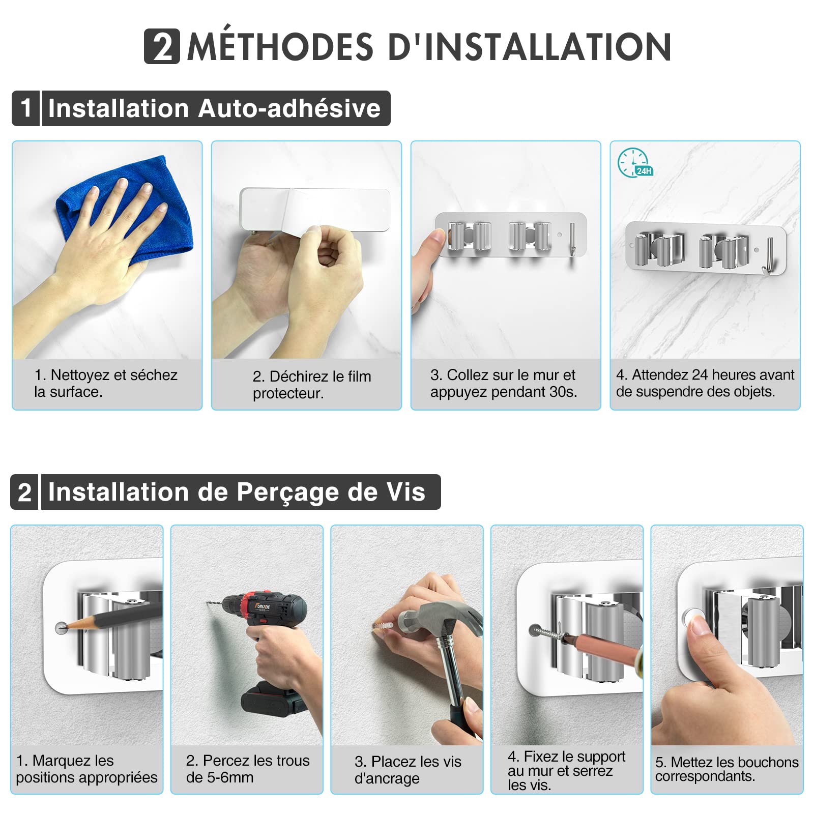 homeasy Porte Balai Acier Inoxydable, Accroche Balai Mural sans Perçage, Support Balai 2 Emplacements avec 1 Crochet pour Cuisine Salle de Bain Jardin Garage, 2 Pièces Argenté