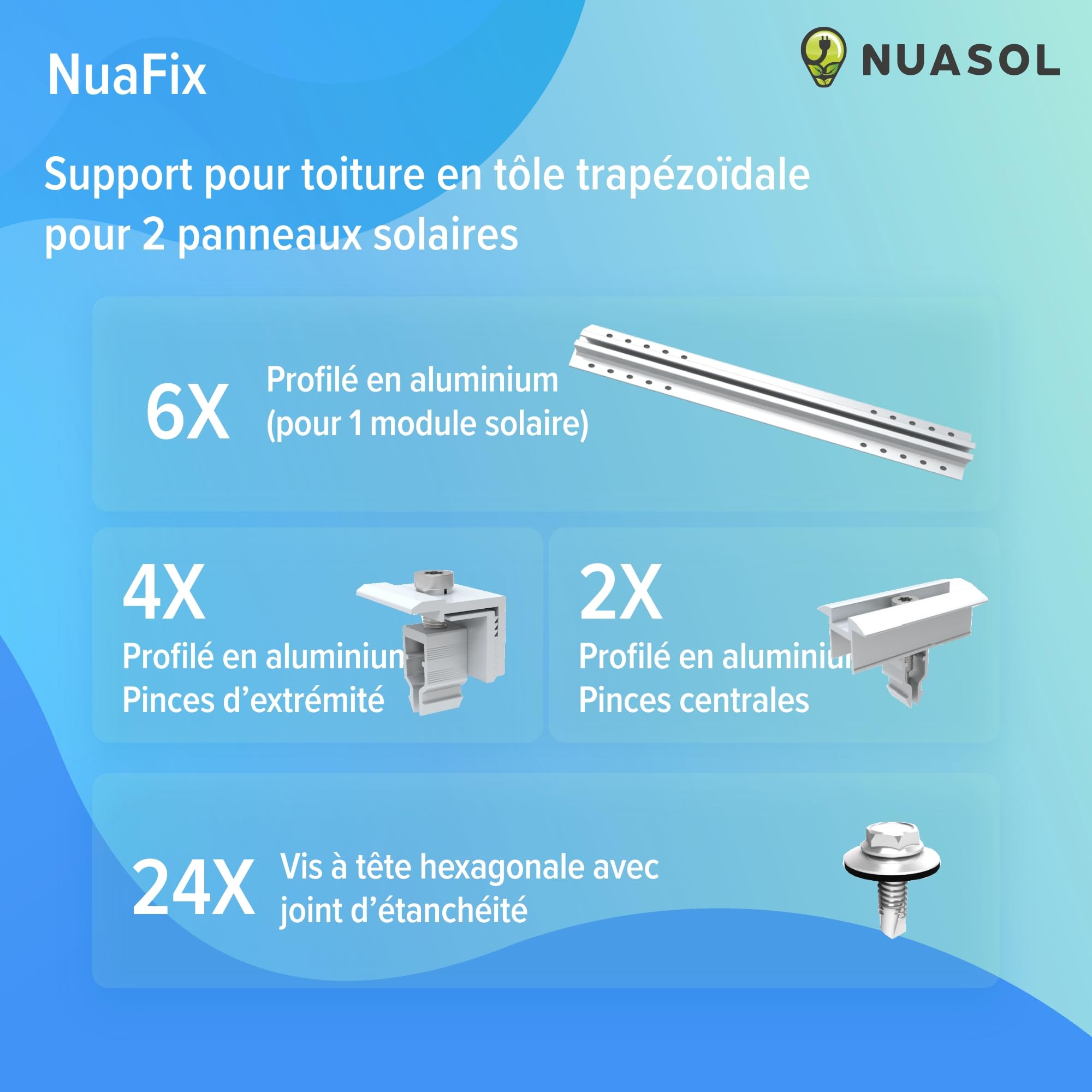 Kit de montage photovoltaïque pour toit en tôle trapézoïdale | Fixation pour 2 modules | Profil T 40 cm | Support avec pince d'extrémité et centrale, et vis