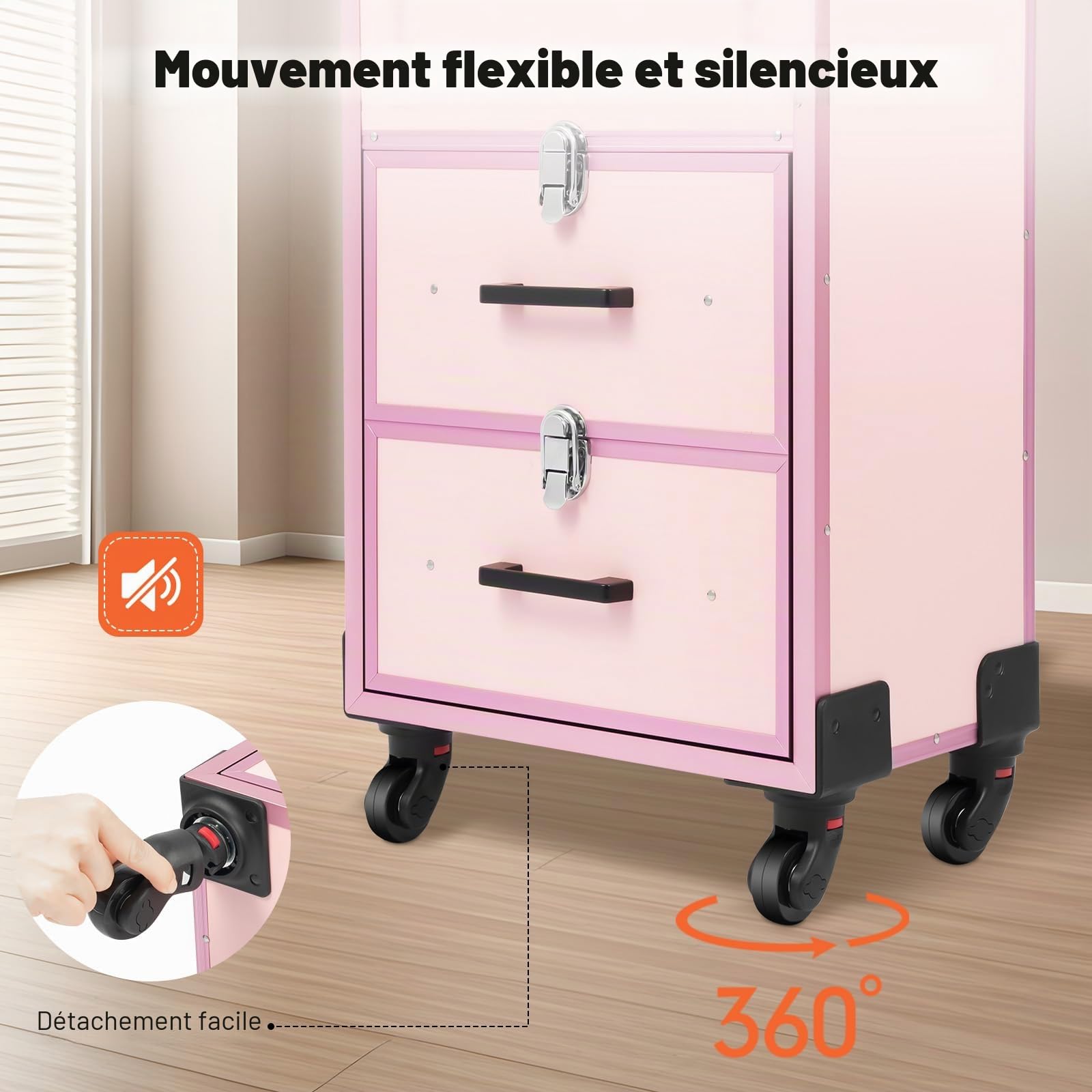 Valise cosmétique à roulettes avec tiroir, Valise professionnelle à roulettes pour maquillage et ongles, Grande valise à maquillage verrouillable pour femmes avec roues pour voyage