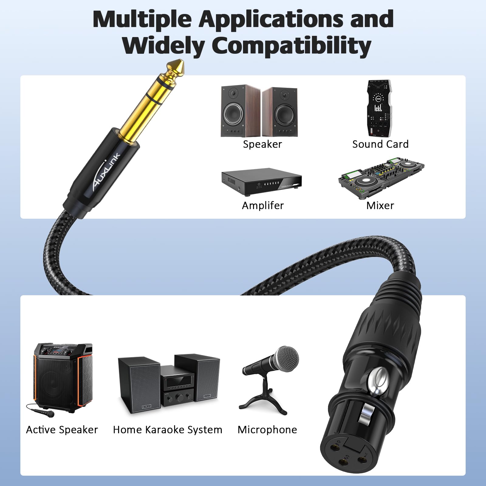 Cavo da XLR a 6,35 mm a XLR femmina, 7,6 m, 2 pezzi, connettori placcati oro da TRS a 6,35 mm, in nylon intrecciato per altoparlanti, mixer, amplificatori