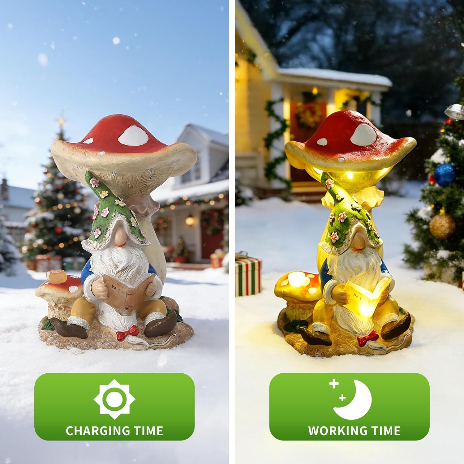 Solar Garden Outdoor Statues Gnome Reading Under Mushroom with 5 LED Lawn Decor Outside Decorations for Patio, Balcony, Yard Ornament Unique Garden Gift