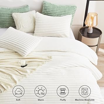 CozyLux Fluffy Full Size Comforter Sets - Super Soft Faux Fur Cream White Comforter Full Size, Winter Warm Fleece Bedding Set, 3 Pieces Plush Fuzzy Bed Set (1 Shaggy Comforter, 2 Pillowcases)