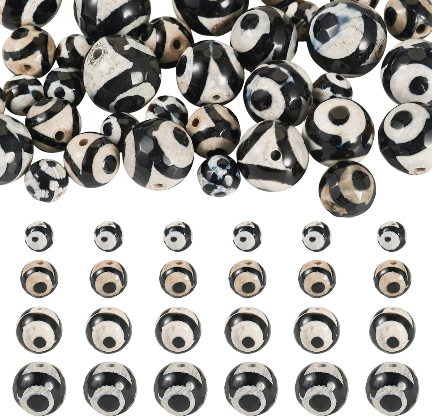 KISSITTY 36pcs Natural Agate Beads Faceted Dzi Round Eyes Gemstone Spacers Black Color Tibetan Style Assorted Sizes for DIY Bracelet Necklace Earring Jewelry Making Crafts for Women Men