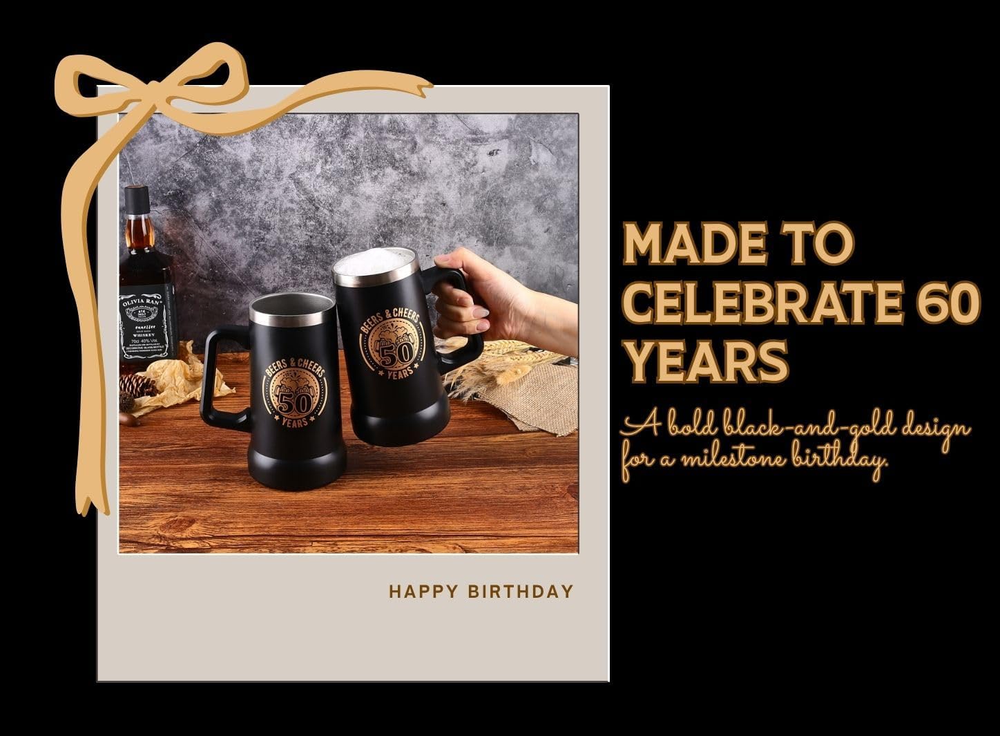 50th Birthday Gifts for Men, Beers & Cheers to 50 Years, 24 oz Insulated Beer Stein Mug with Handle, Stainless Steel Tumbler, 50 Birthday Present for Dad, Husband, Brother, Friend, Black