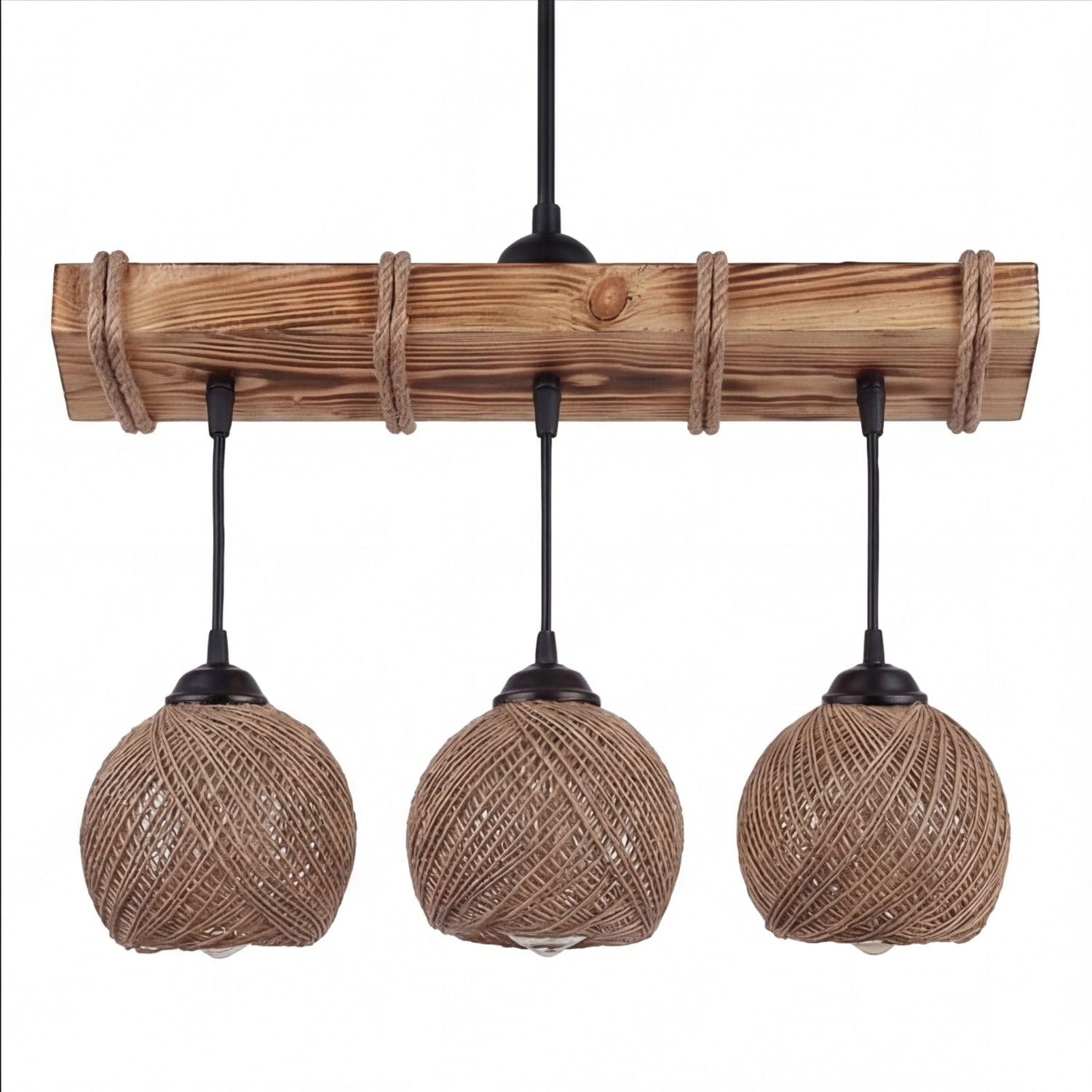 Licht-Erlebnisse Hängelampe Balken 49 cm breit H: max. 110 cm geflammtes Holz Balken Jute E27 3-flammig Modern Pendelleuchte Esszimmer Wohnzimmer