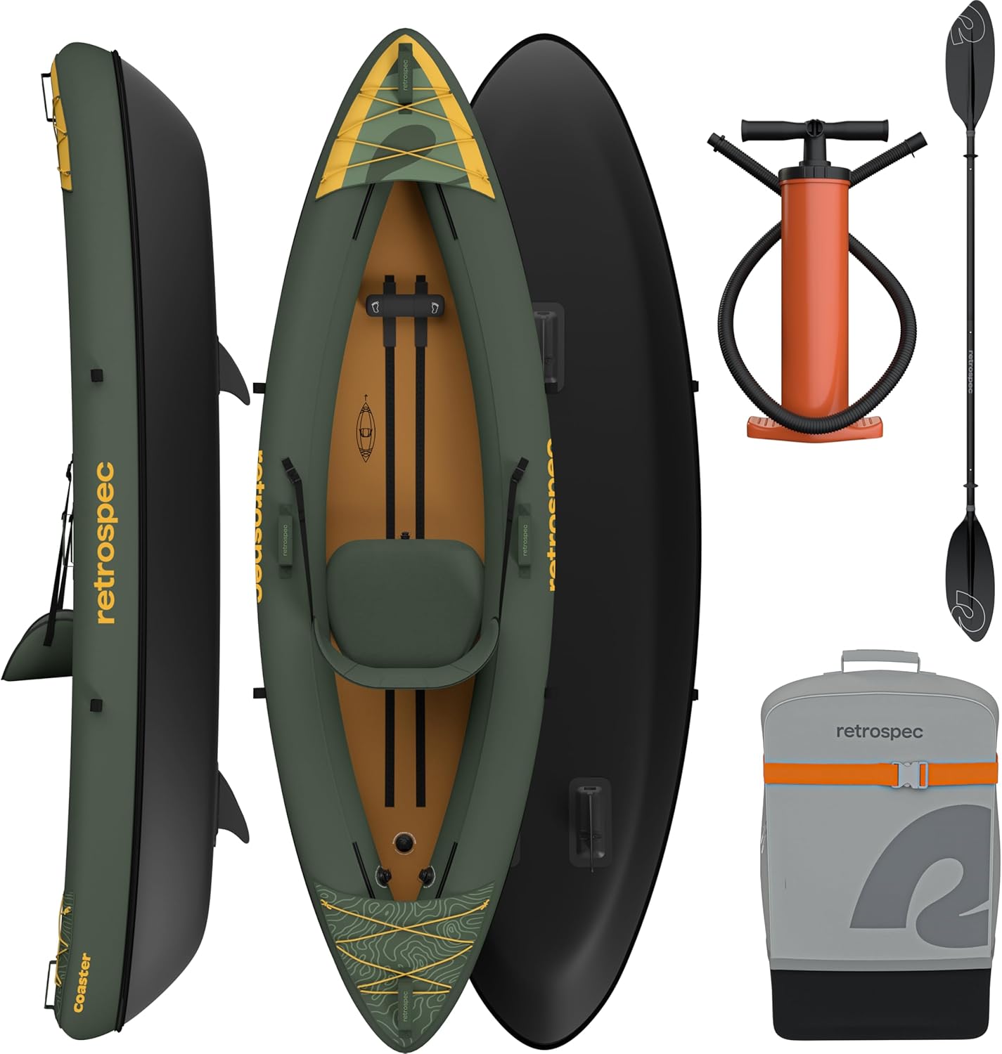 Retrospec Coaster Single & Tandem Inflatable Kayak for Adults, 220 & 440lb Weight Capacity, Lightweight with Paddle & Pump