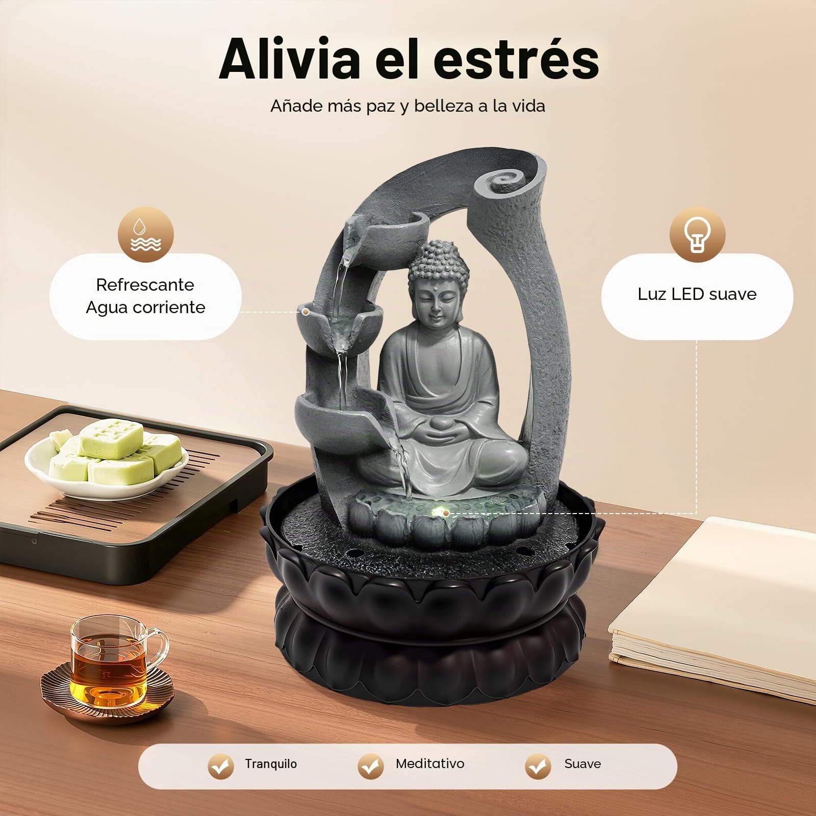 Fuente de interior de Buda, fuente de habitación con luces LED, decoración de Buda, Feng Shui, decoración de salón, fuente de mesa interior, fuente de mesa con Buda y loto.