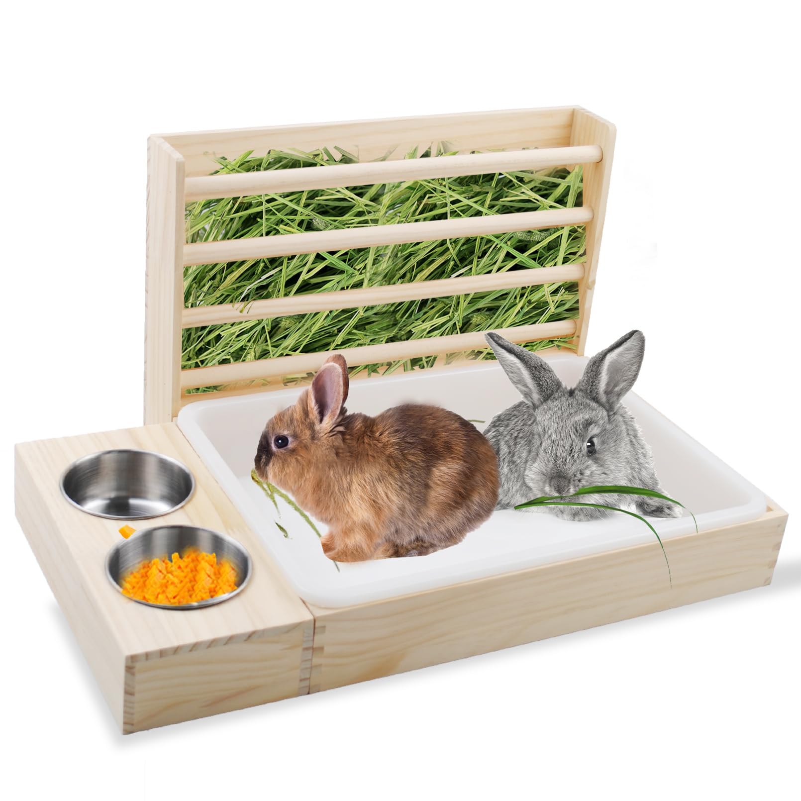 PINVNBY Rabbit Hay Feeder with Litter Box,3 in 1 Wooden Bunny Feeder Guinea Pig Litter Box Small Animal Hay Holder Rack with Toilet and 2 Bowls Combo for Rabbits Chinchillas Hamsters