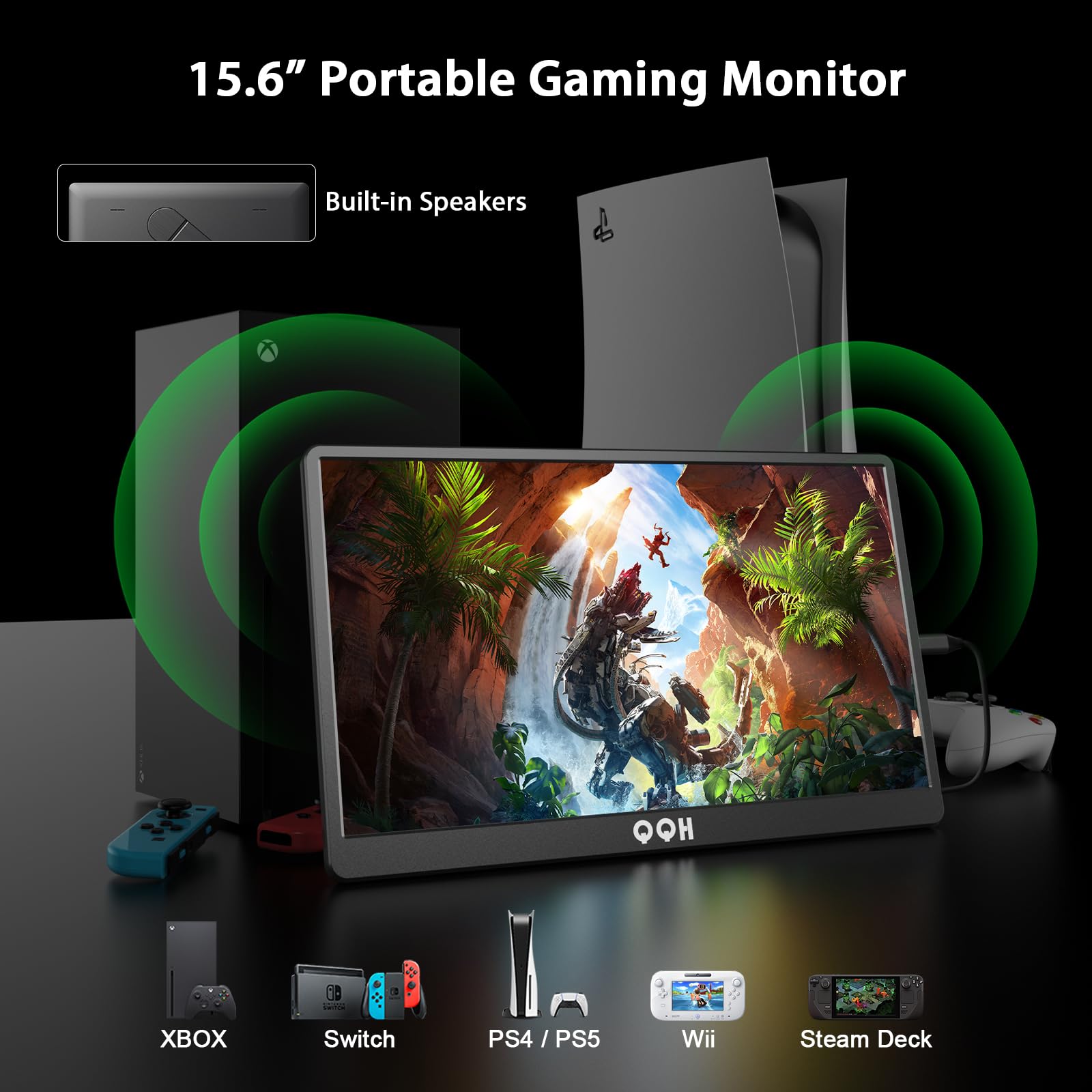 QQH Portable Monitor, 15.6" FHD 1080P IPS Travel Monitor Kickstand for Laptop with HDR, Ultra Slim, Eye Care, Plug&Play USB C HDMI External Second Screen for PC Phone MAC PS5 Xbox Switch