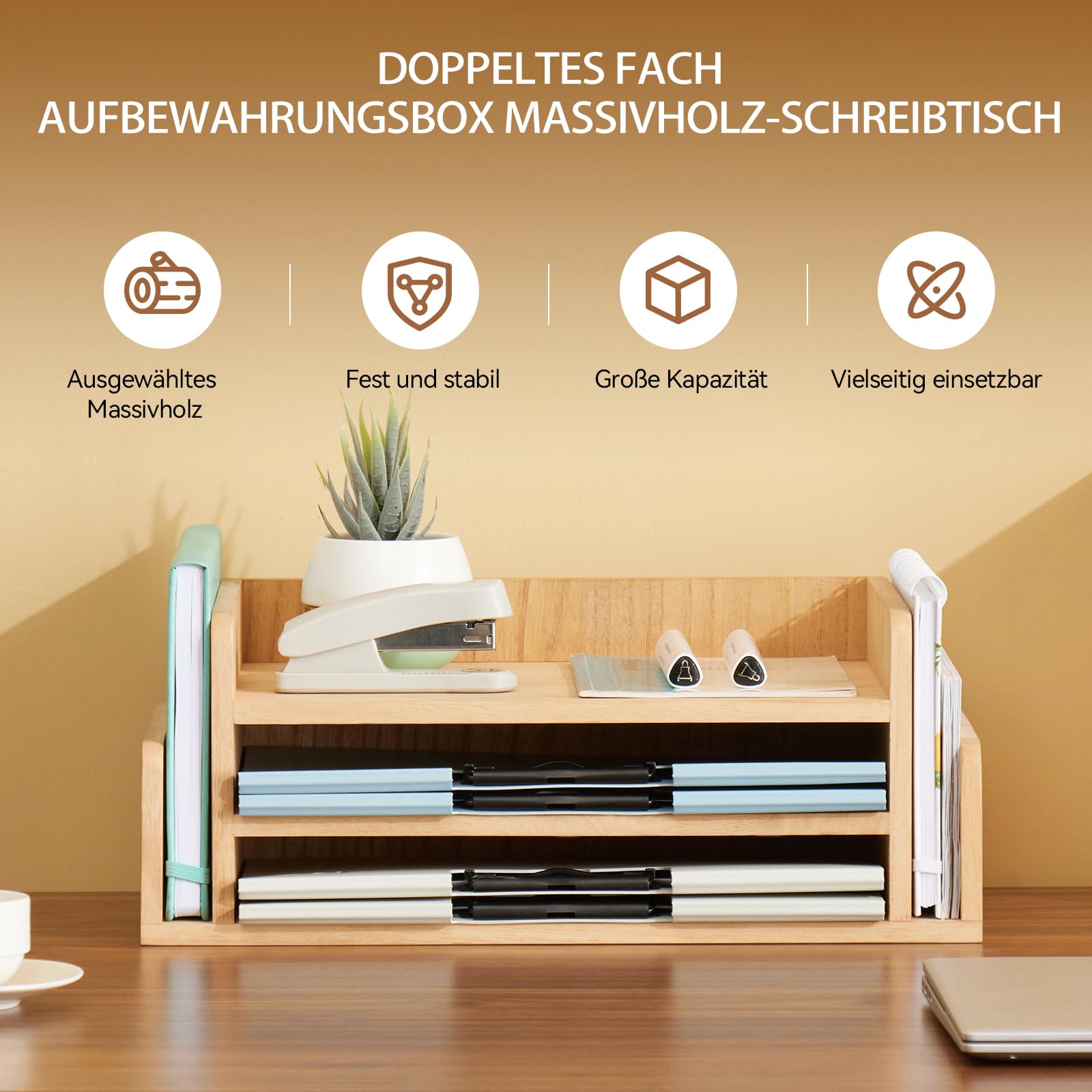 KIRIGEN Schreibtisch-Organizer, Dokumentenablage, Briefablage, Natur | 3 Ebenen, 5 Fächer; 42 × 24 × 16,5 cm; montiert; handgefertigt; Paulownia-Massivholz; Zapfenbauweise; Pflanzenöl-Finish