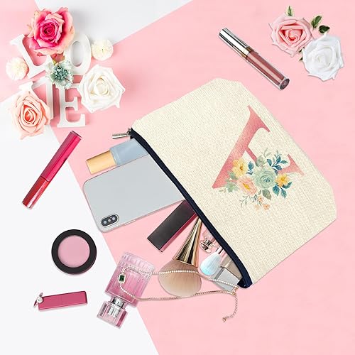Miniatura 4 de ancpeany Letra A-Z - Bolsa de maquillaje floral personalizada para mujeres, bolsa de lino impermeable para cosméticos de viaje pequeña, A, Floral