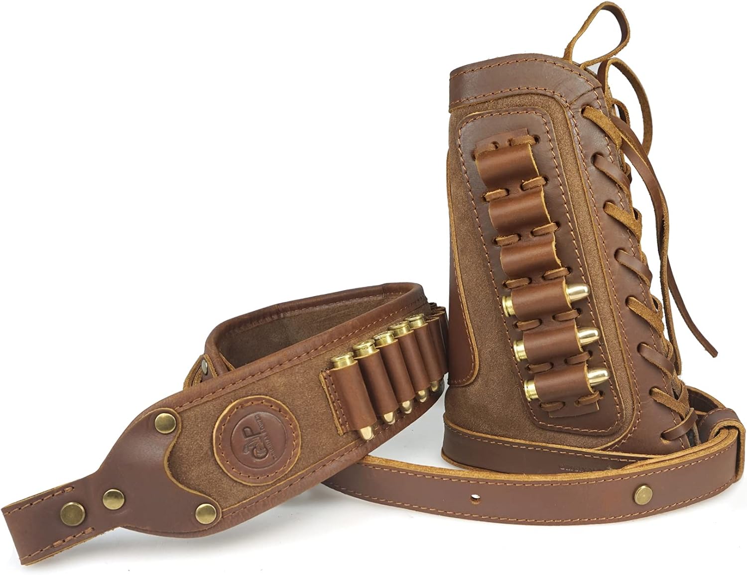 Brown Cheek Rest pad with Gun Sling & Swivels for 45-70 .308, Drawstring Ammo Pouch Bag