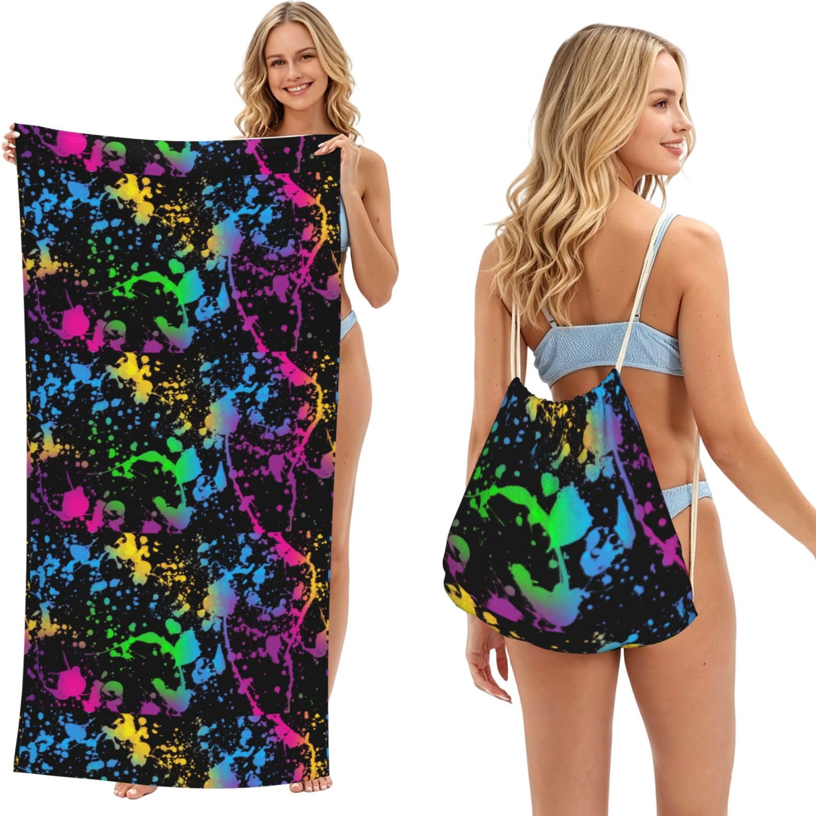 Noble Ren Glow In Dark Splatter Neon 2 In 1 Packable Towel Bag Beach Backpack Unisex Suitable For Travel Picnic Vacation And Camping