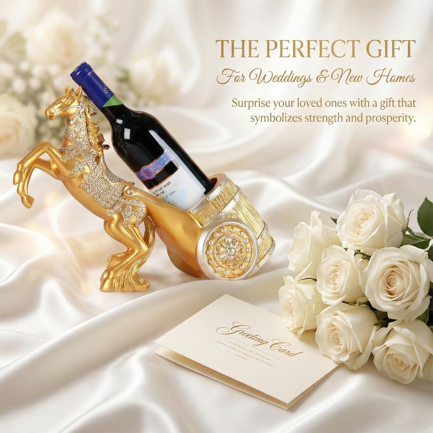 Luxury Gold Horse Wine Bottle Holder - 15" Large Resin Horse Statue & Wine Rack Stand - European Chariot Figurine Centerpiece for Dining Table, Kitchen Countertop & Wedding Gifts (Wealth & Success)