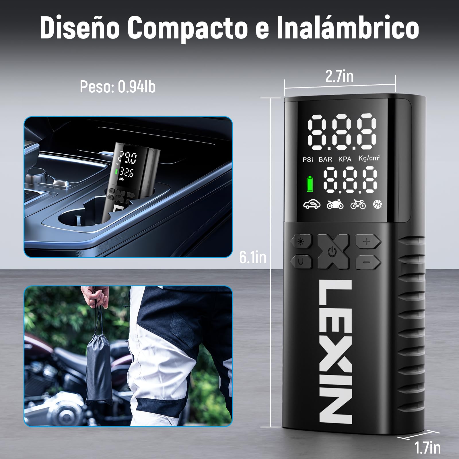 LEXIN P4 Compresor de Aire Portatil 150 PSI, Inflador Eléctrico 4000mAh | Bomba Aire con Pantalla LCD, Potente, Ligero, con Válvula Presta/Schrader para Moto/Coche/Bicicleta/Pelota/Scoote