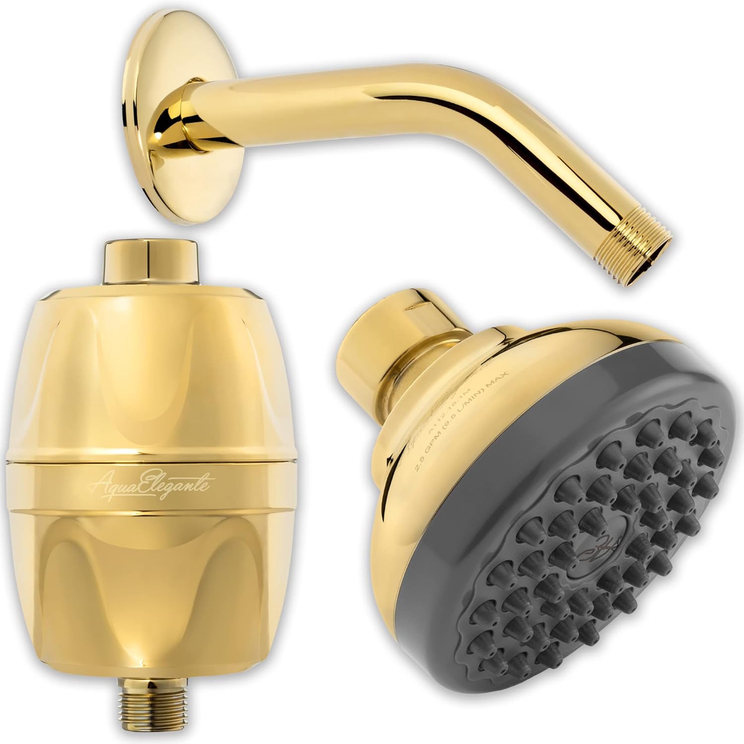 Pressure Boosting Showerhead + Filter + Arm - Small Water Saving Shower Head With High Output Filter To Remove Chlorine + 6 Inch Stainless Steel Shower Arm And Flange, 1.8 GPM - Polished Brass