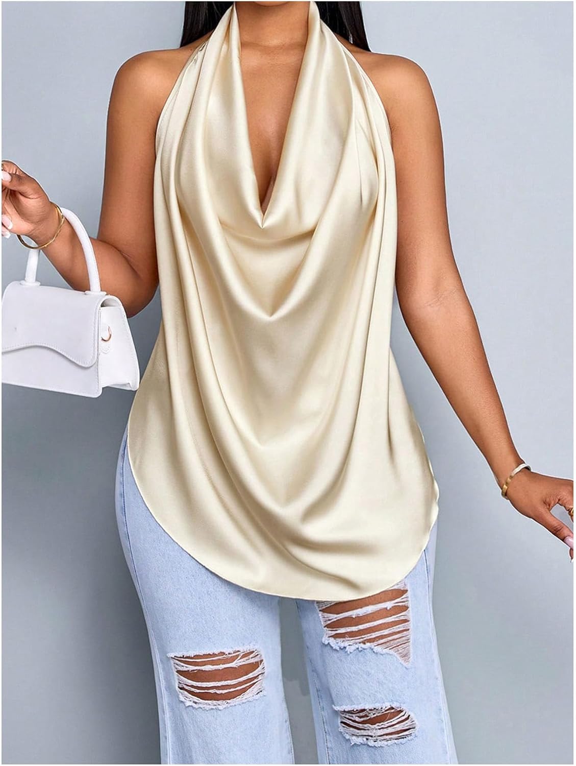 SOLY HUX Women's Halter Tops Open Back Deep V Cowl Neck Draped Front Sleeveless Summer Going Out Top - Image 5