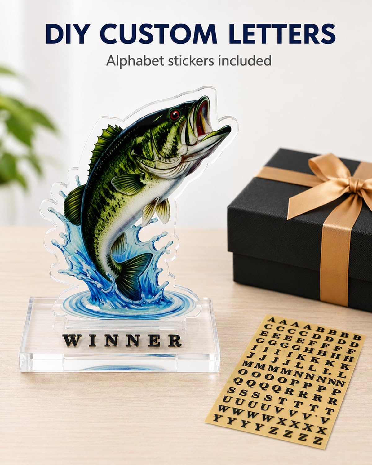 2 Pack Acrylic Fishing Trophy Awards with DIY Custom Letter Stickers | 2 realistic bass acrylic trophies with alphabet stickers for names, funny titles and custom messages for contests or gifts.