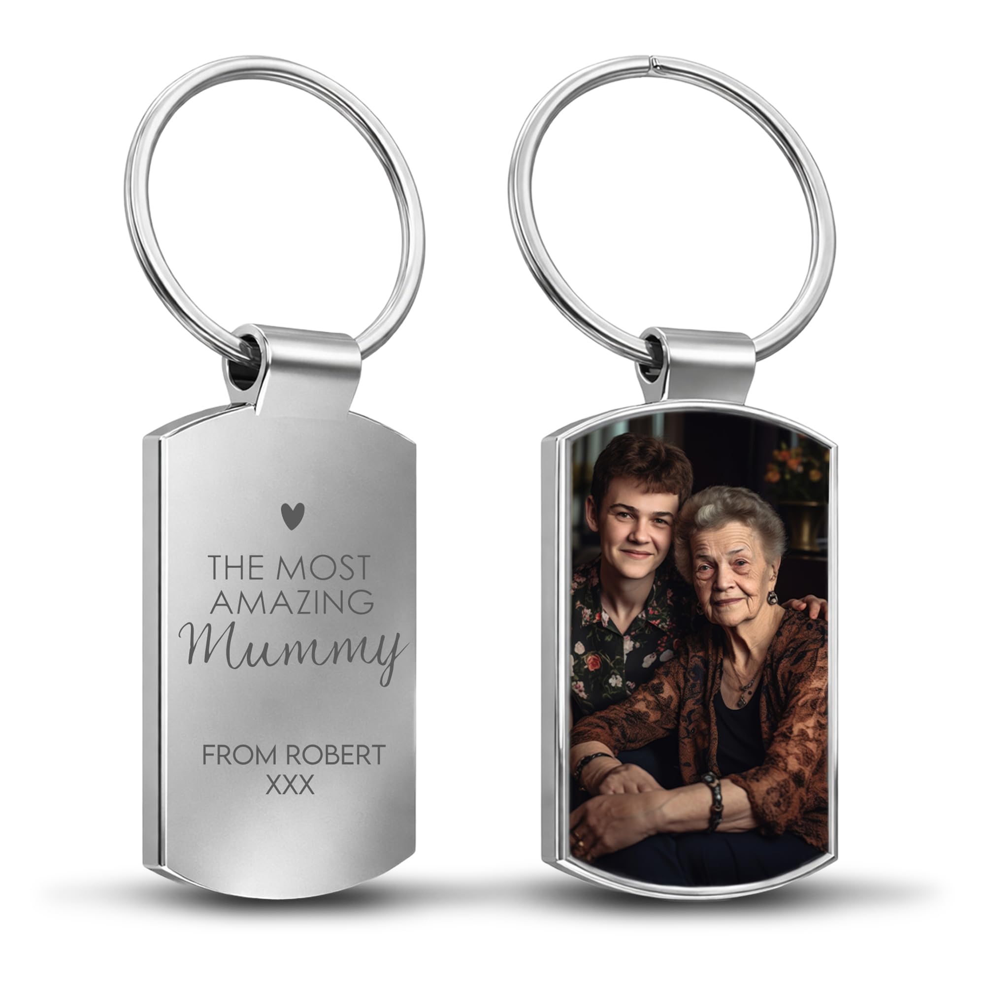 Print Maniacs Personalised Mum Photo Keyring Mother’s Day Gift Custom Picture & Engraved Message Tag Thoughtful Keepsake for Mum Nan Grandma – Gift from Son Daughter Child – 11 Designs
