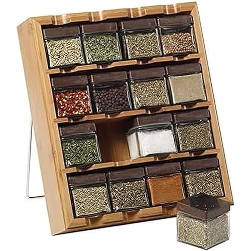 Kamenstein Jar Bamboo 3-in-1 Spice Organizer for Countertop, Wall, and Drawer with Spices Included, FREE Spice Refills for 5 Years, Lift & Pour Caps , 16 Count ( Pack of 1)
