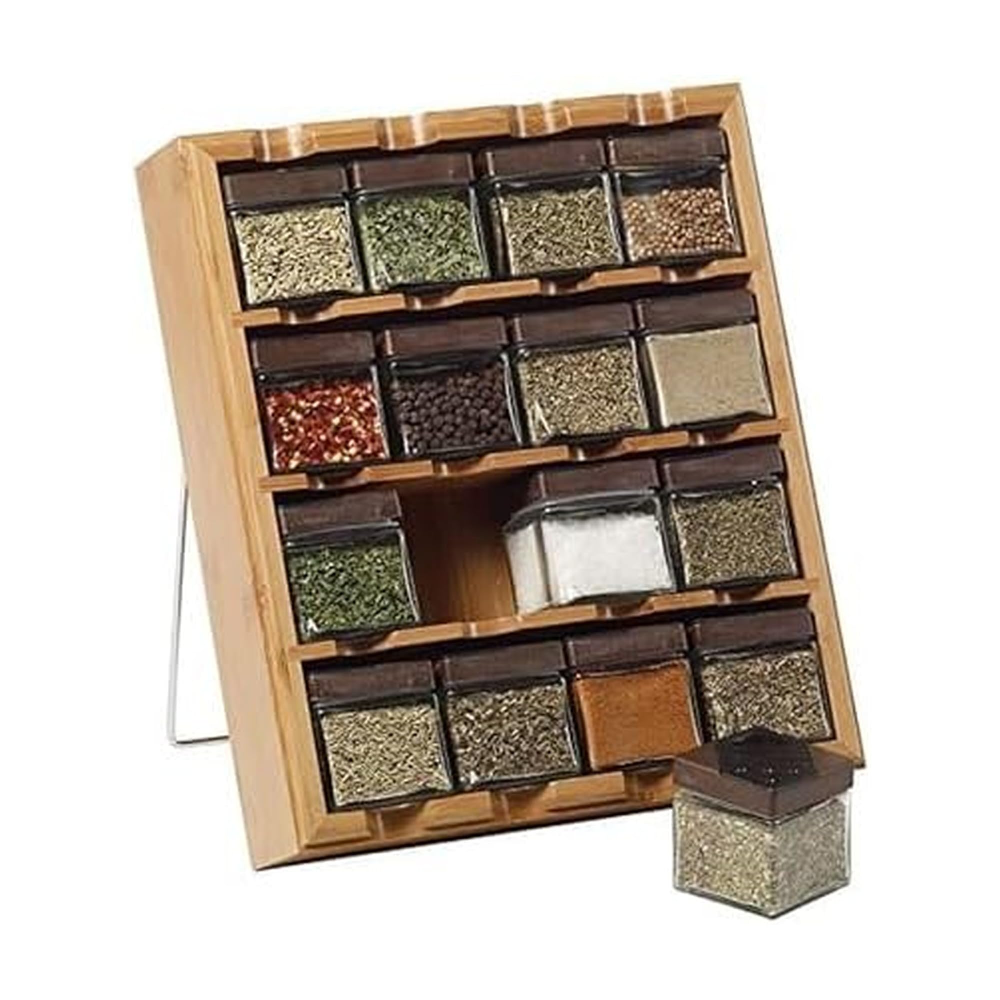 Kamenstein Jar Bamboo 3-in-1 Spice Organizer for Countertop, Wall, and Drawer with Spices Included, FREE Spice Refills for 5 Years, Lift & Pour Caps , 16 Count ( Pack of 1)