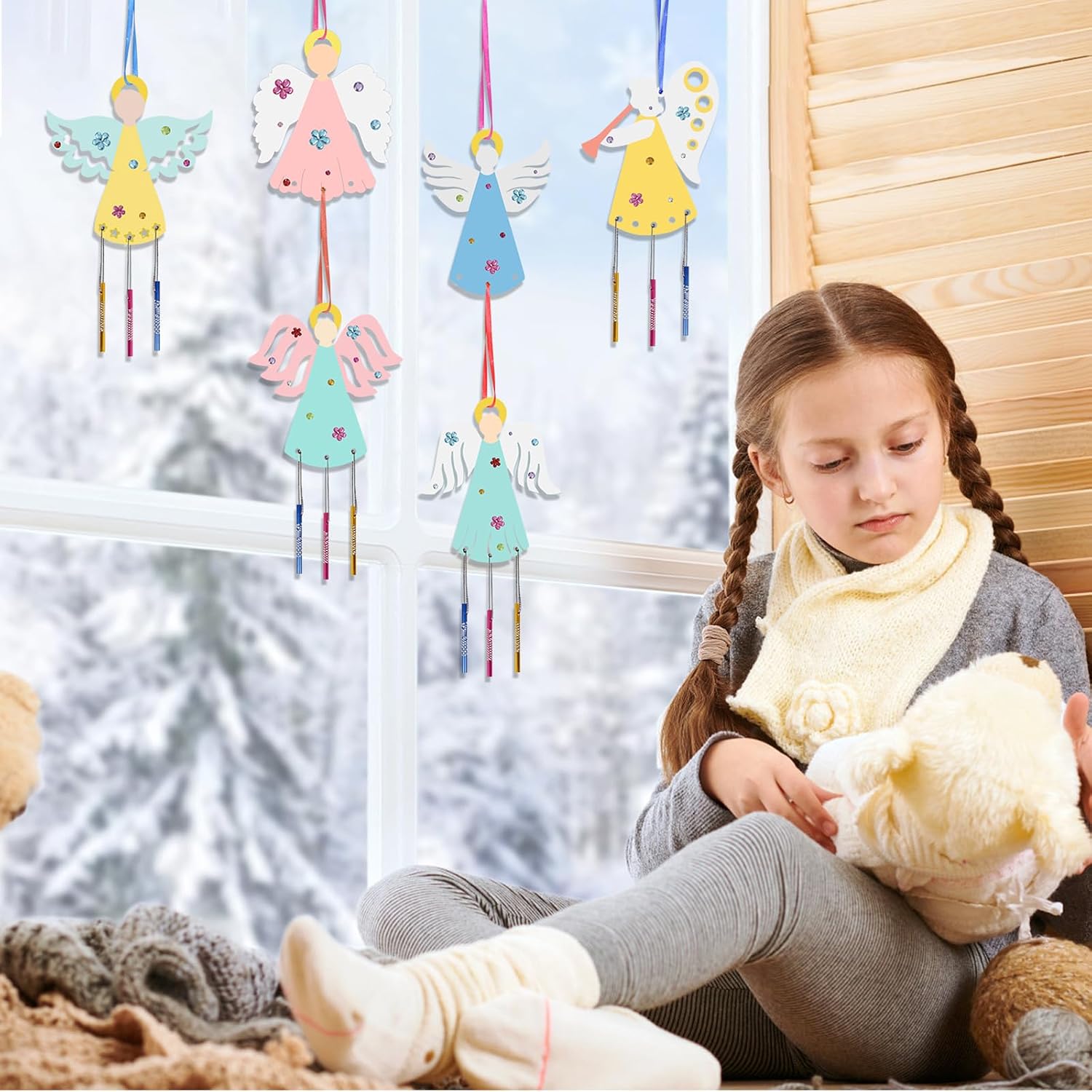 Fennoral 9 Pack Angel Wind Chime Kits for Kids Make You Own Angel Wind Chimes DIY Wooden Crafts to Paint for Art Activities Christmas Tree Hanging Ornaments Christmas Decoration image 5