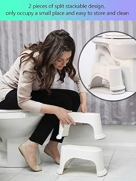 EVRON Toilet Stool 7 Bathroom Squatting Aid for Adults, Split Two-Piece Separate Movable Foot Rests with Flexible Positioning, Stackable Nesting Space-Saving Design(White 1 Pairs)