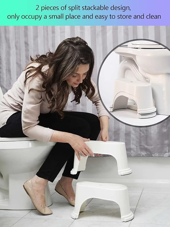 EVRON Toilet Stool 7 Bathroom Squatting Aid for Adults, Split Two-Piece Separate Movable Foot Rests with Flexible Positioning, Stackable Nesting Space-Saving Design(White 1 Pairs)