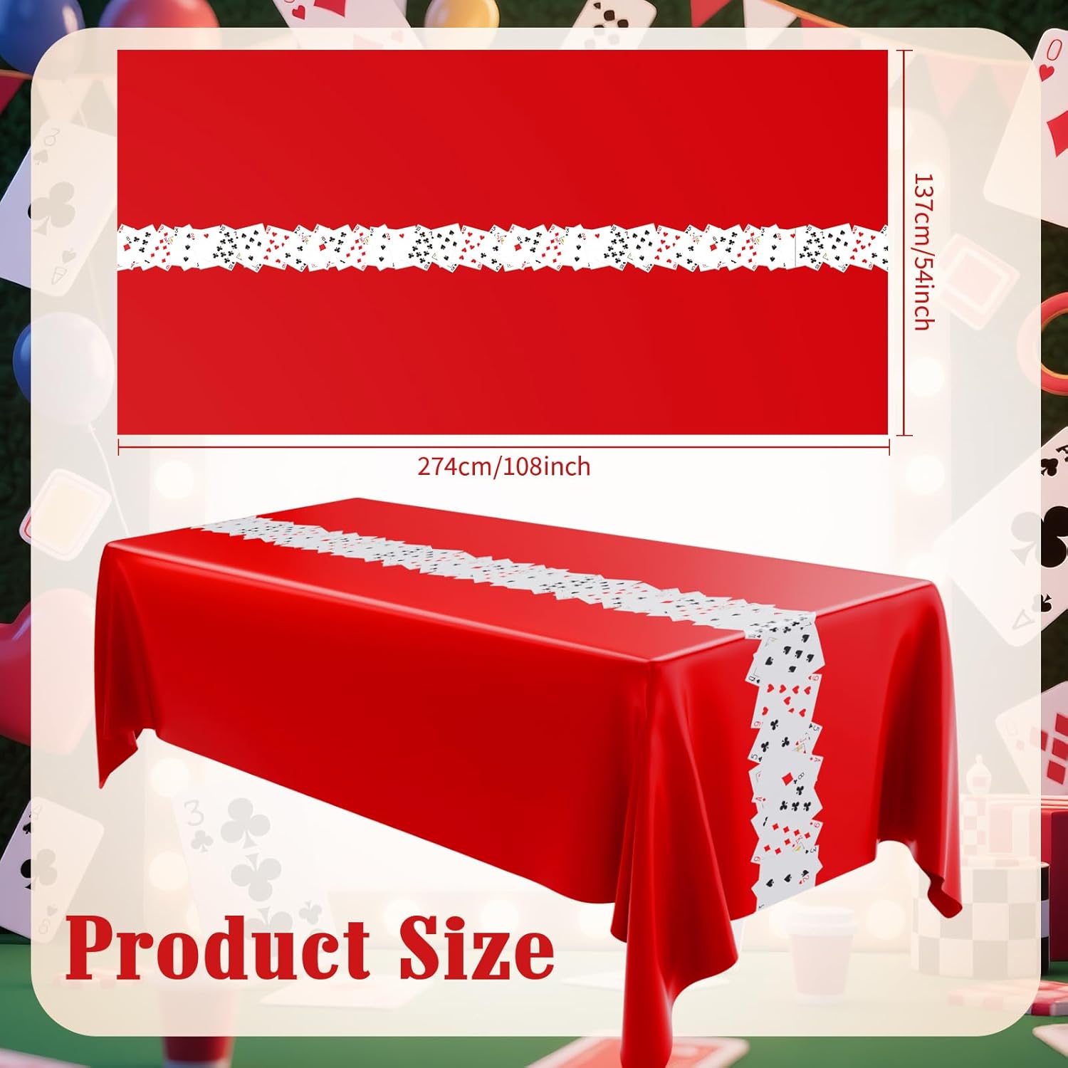Oudain 6 Pcs Casino Night Tablecloth Casino Theme Party Decorations Poker Card Tablecloth 108 x 54 Inches Plastic Disposable Table Cover for Game Birthday Playing Card Picnic Party(Red)