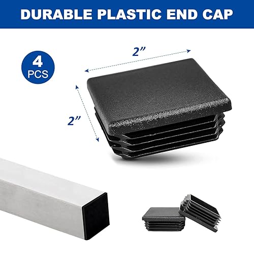 Miniatura 2 de Tapones cuadrados de plástico de 2 pulgadas (1.969 in), paquete de 4 tapas negras para tubos de metal, vallas, protección deslizante contra patas de