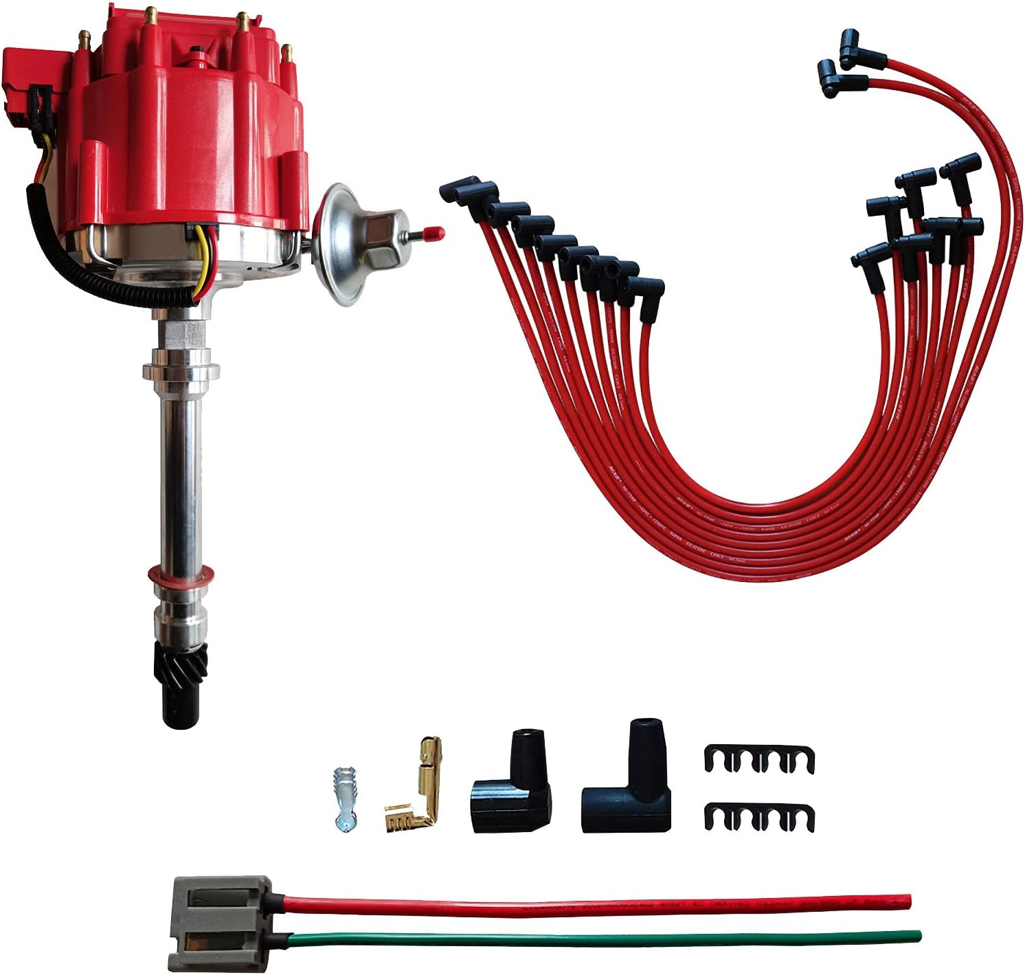 MAS Performance HEI Distributor with Red Cap and Wiring Kit including 65K Coil Compatible with Chevy 305-454 Chevrolet C10 GMC SBC BBC 350-400 4.3L 5.0L 5.7L 6.6L 7.4L