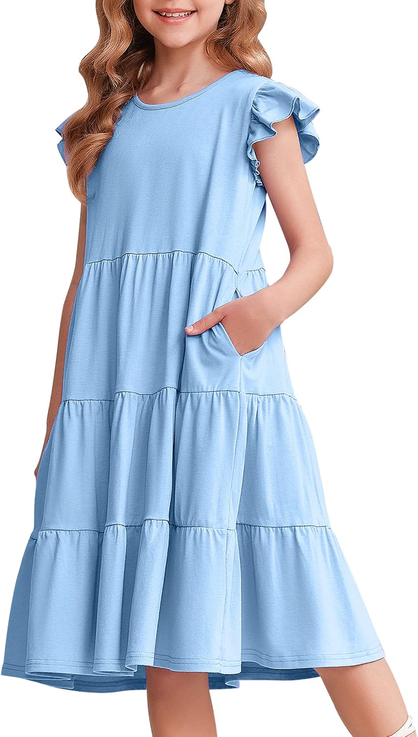 Arshiner Girl’s Summer Dresses Ruffle Sleeve Tiered Swing Midi Casual Sundress with Pockets