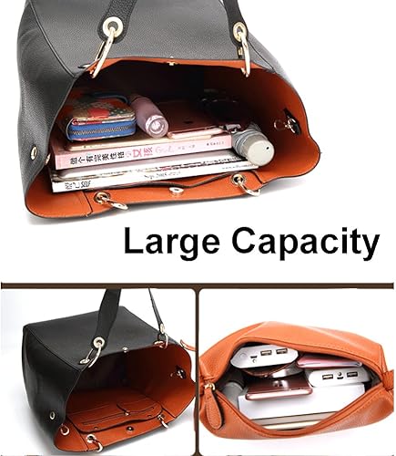 Miniatura 5 de Valleycomfy Bolso de mano de cuero sintético para mujer, con correas desmontables, gran capacidad, color negro, Negro -