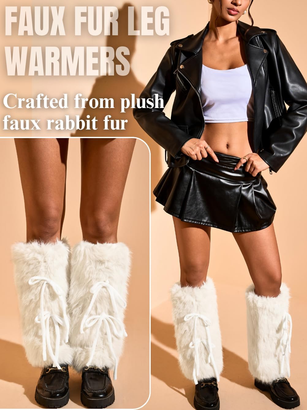 Fuzzy Leg Warmers,Bow Tie Faux Fur Fluffy Boots For Women,Furry Concert Rave Santa Costume Boot Covers - Image 2