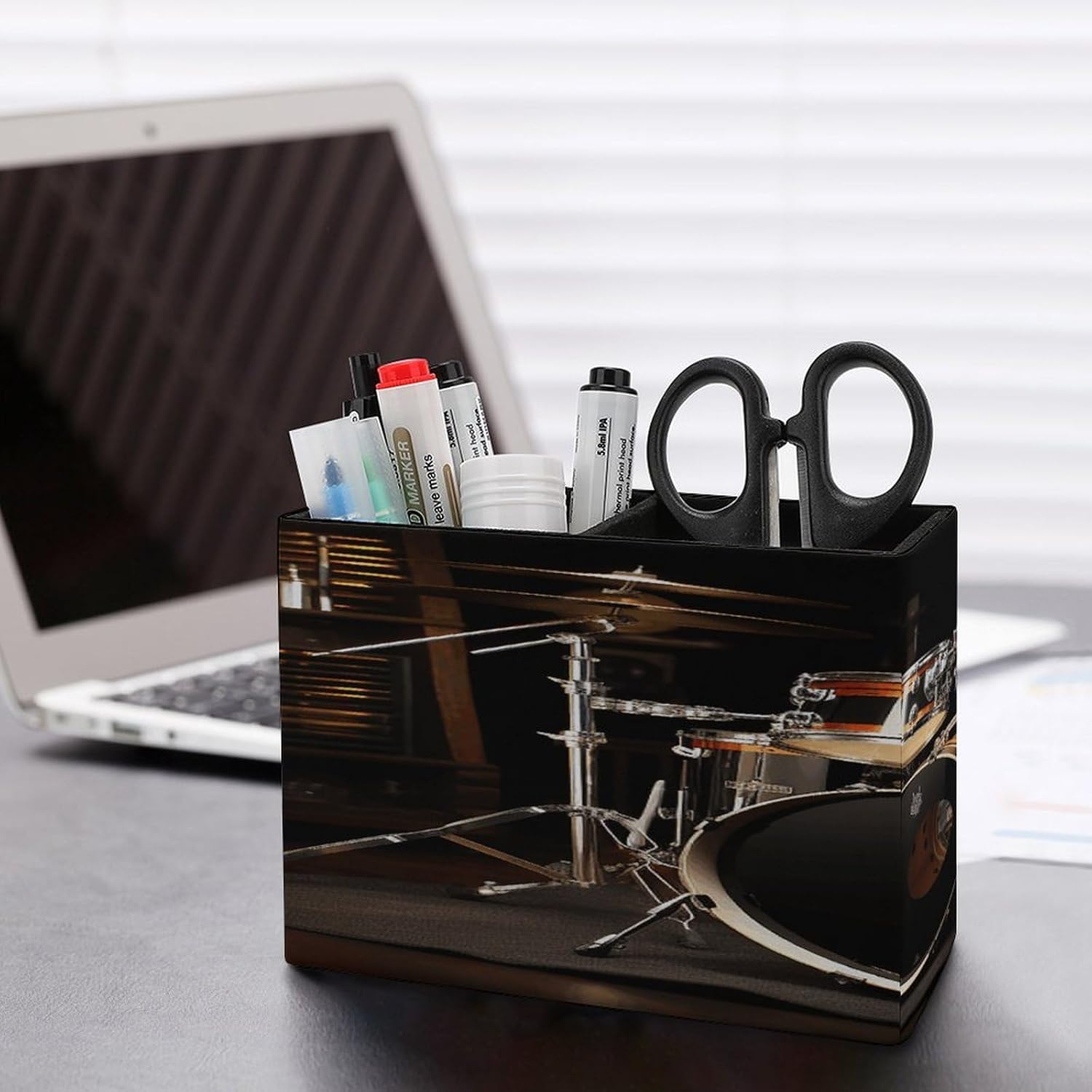 Drum Set Pen Holder Double Compartments Pen Cup Fashion Makeup Brush Holders Leather Pencil Holder for Work Locker Accessories Modern Pencil Cup for Desk Organizer image 5