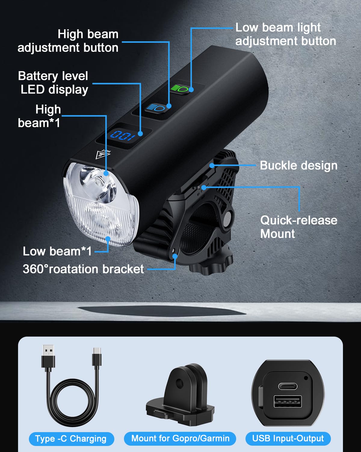 Luci anteriori da 1200 lumen per guida notturna, 5+5+3 modelli e display di potenza a LED, faro per bicicletta ruotabile a 360° con abbaglianti anabbaglianti, 5000 mAh, ricaricabile e