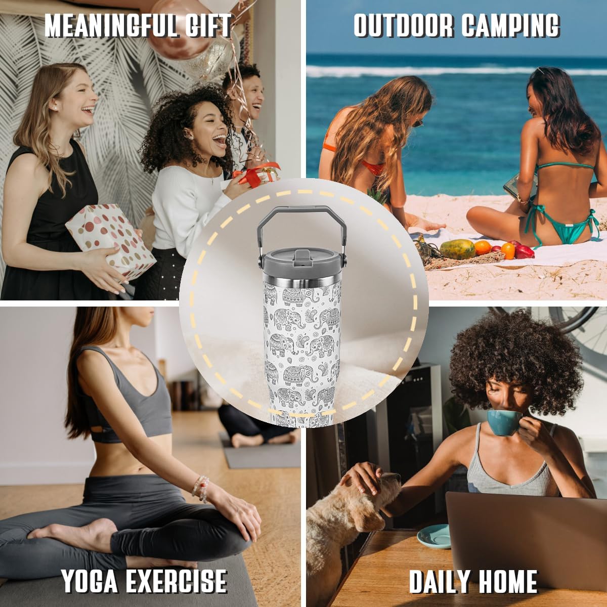 Elephant Tumbler with Handle and Flip Straw Gray Elephant Cup Insulated Leak Proof Coffee Travel Mug Water Bottle Elephants Gifts for Women Christmas Mothers Day Birthday-30 oz(1PCS) - Image 7