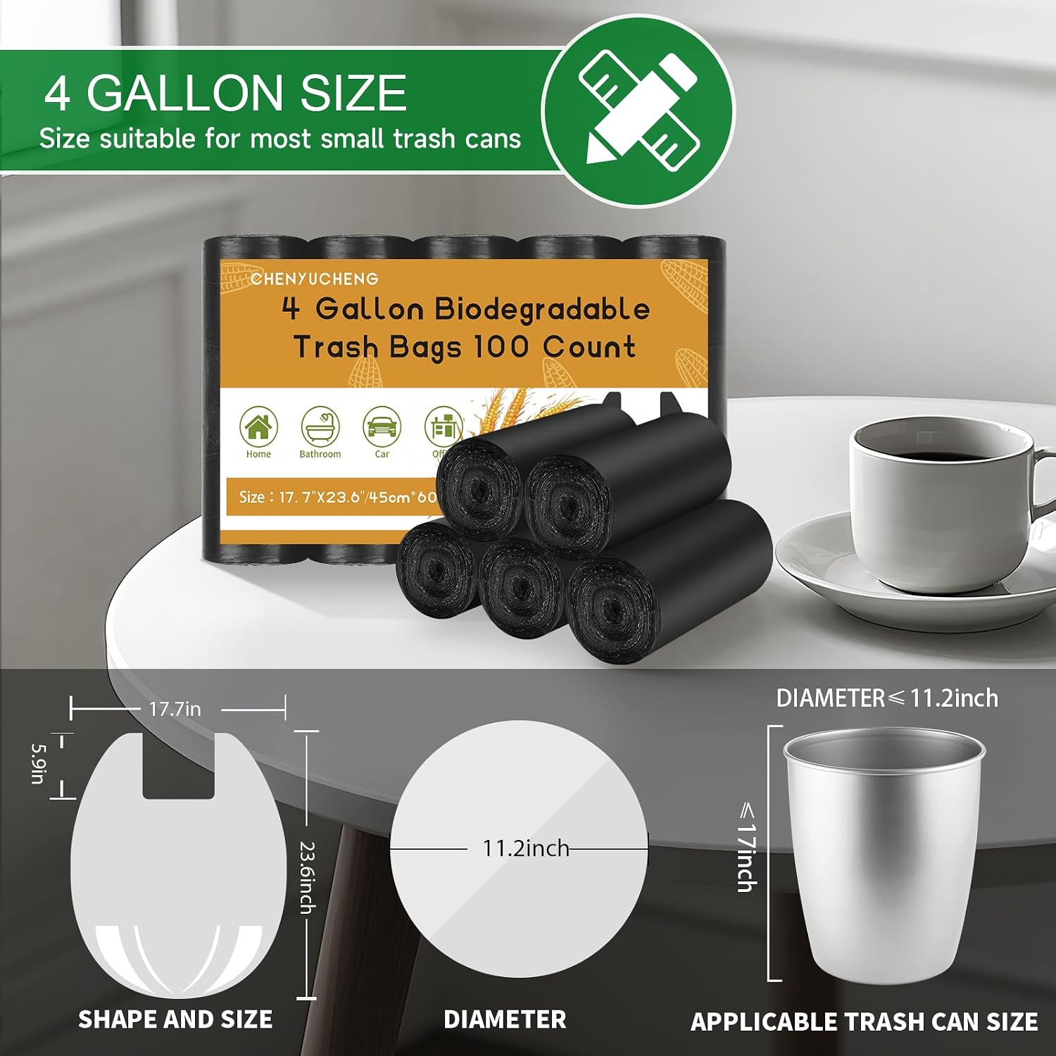 4 Gallon Trash Bag Black With-Handle - 4 Gal Small Garbage Bags For Bathroom Can 100 Count 15 Liter Biodegradable Compostable Unscented Waste Basket Liners Kitchen Office Car Strong Thick Chenyucheng image 2