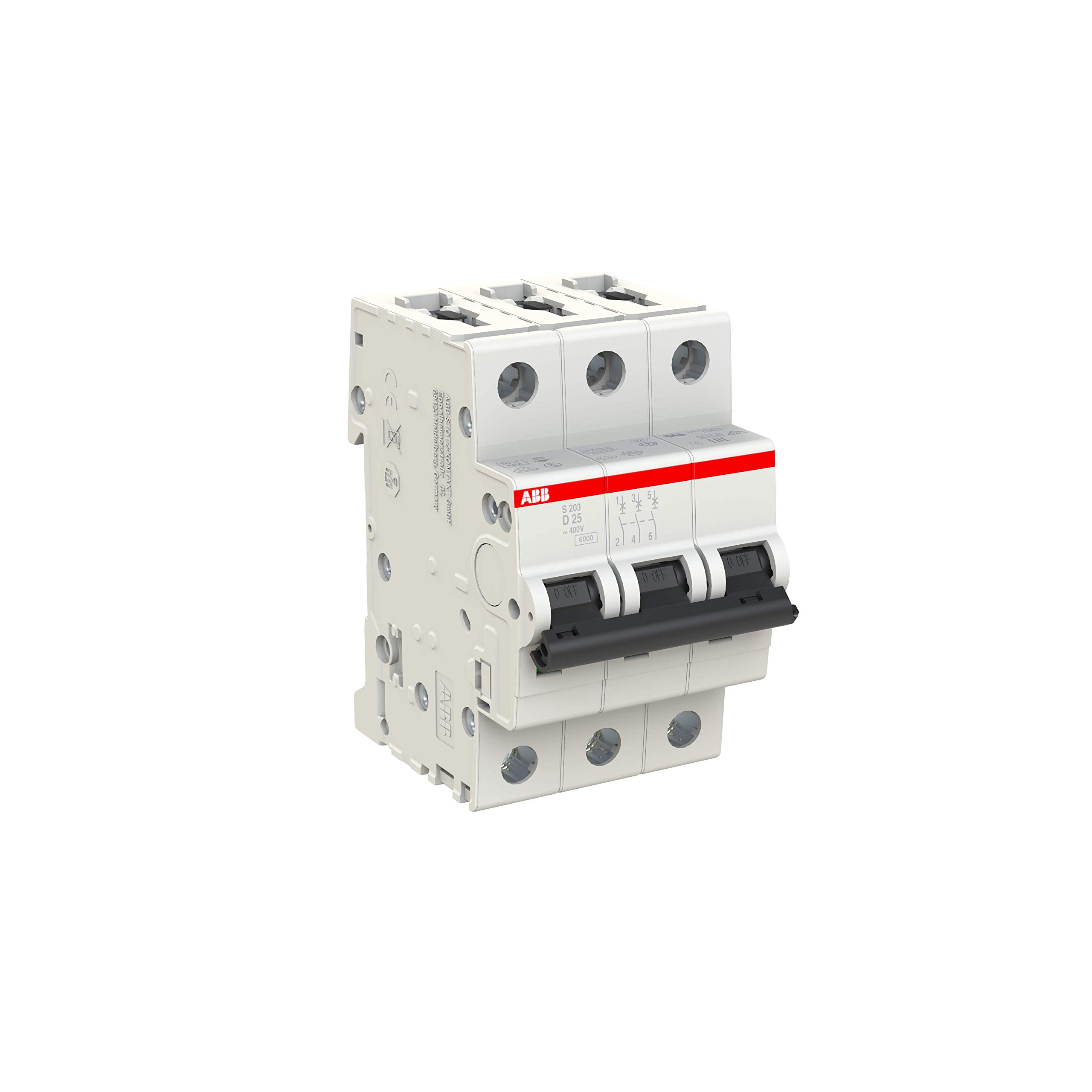 ABB S203-D25 Miniatur-Leitungsschutzschalter, 3-polig, Typ D, 6/10 kA Schaltleistung, 25 A Strom (2CDS253001R0251), mehrfarbig