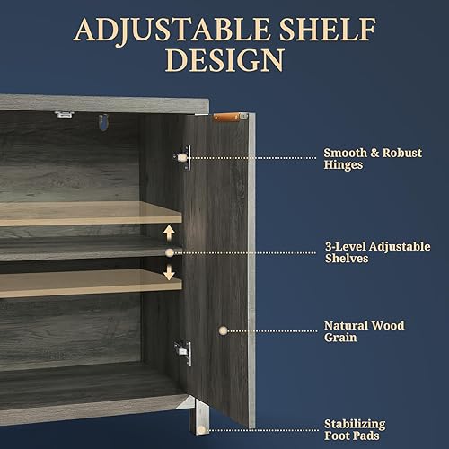 Miniatura 4 de Oxford - Armario de almacenamiento, aparador acanalado con estantes ajustables, consola moderna de acento Credenza, juego de 4 (roble medianoche)