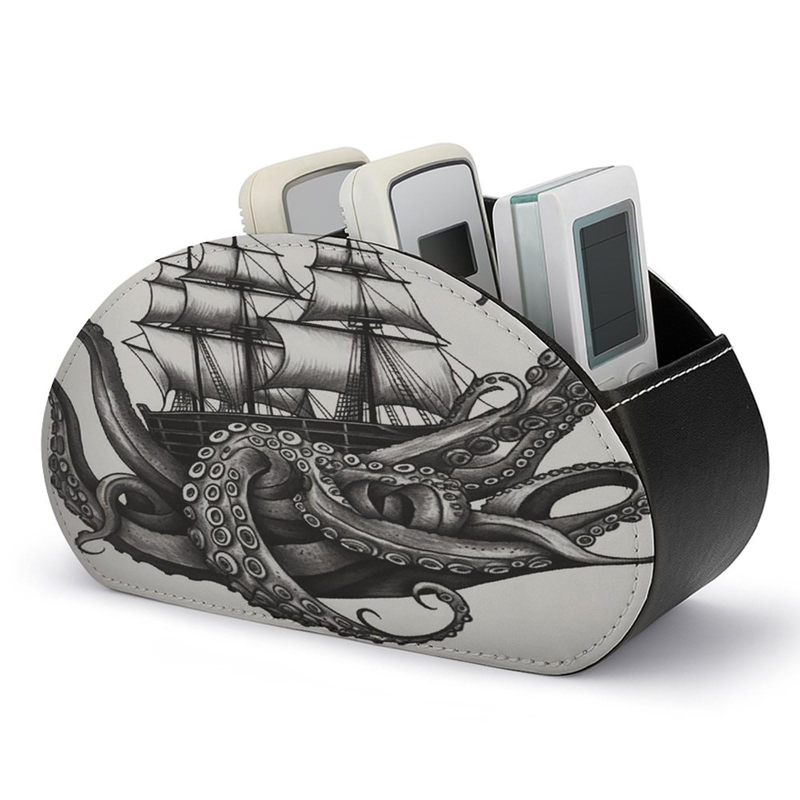 VstaDank Black And White Octopus And Ship Remote Control Holder Farmhouse TV Media Remote Storage Box with 5 Compartments PU Leather Remote Caddy Desktop Organizer for Home Bedside Table Organizer