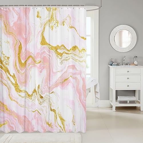 Miniatura 2 de Cortina de ducha de tela de mármol, cortinas de ducha preppy rosa pastel para baño, diseño abstracto de textura de mármol, decoración de 72 pulgadas