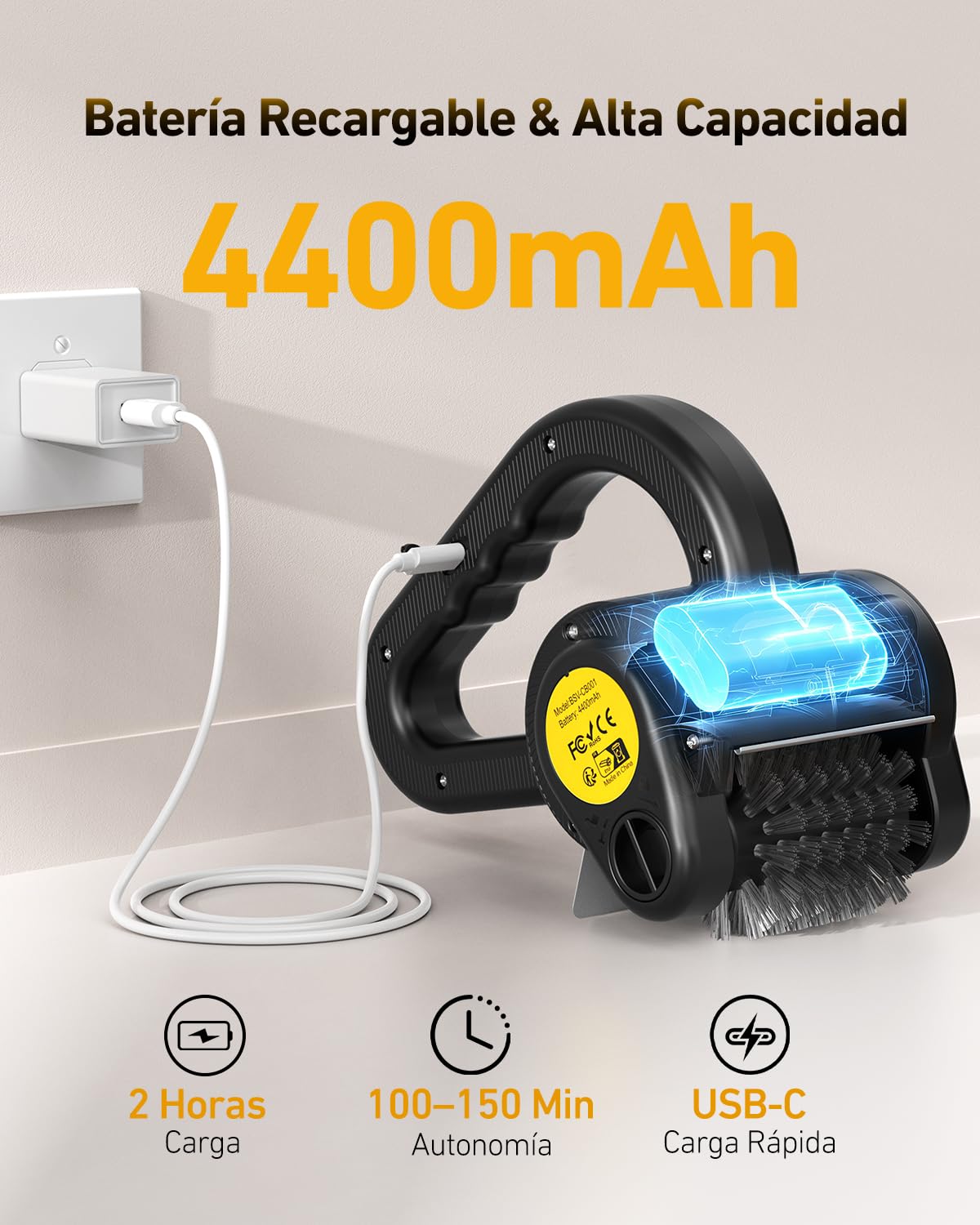 Cepillo Eléctrico para Barbacoa, Limpiador de Parrilla Inalámbrico Recargable con Cabezal Acero Inoxidable, Luz LED, 150 Min de Autonomía, 4400mAh Electric Grill Brush BBQ para Todo Tipo de Parrilla