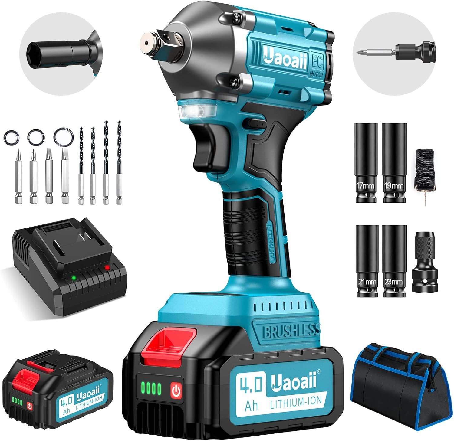 Uaoaii Cordless Impact Wrench Compact, 1/2 Power Impact Gun Brushless