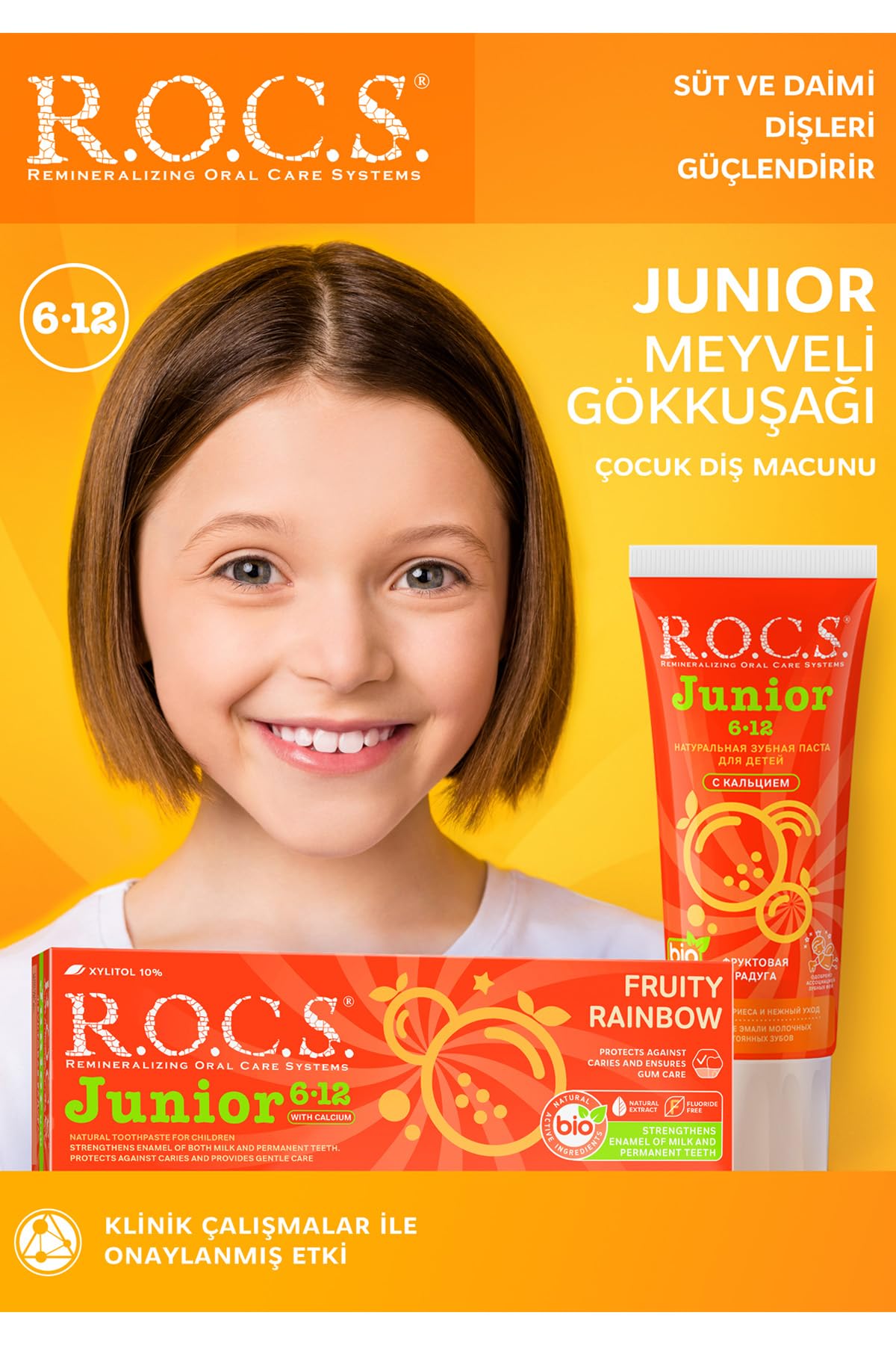 R.O.C.S.Toothpaste Junior (6-12 y.o.) Fruity Rainbow 74 g - Fluoride Free - Safe Formula - Safe if Swallowed - Protection Against Caries - Remineralization - Protection for Permanent Teeth