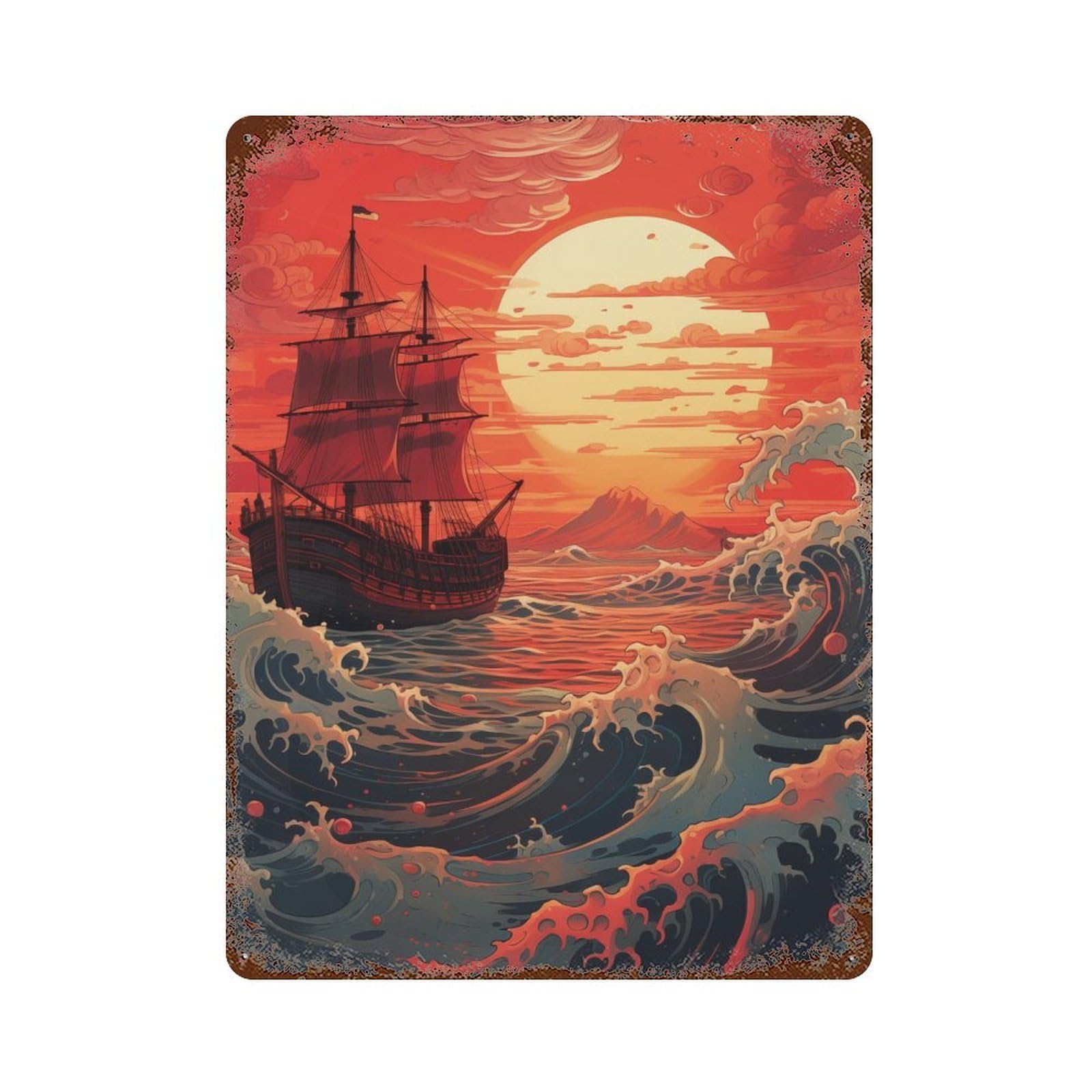 Weathered Tin Sign Pirate Ship Sunset Ocean Waves 15.7"x11.8", Rustic Home Decor for Bistro, Counter And Cafe Decor