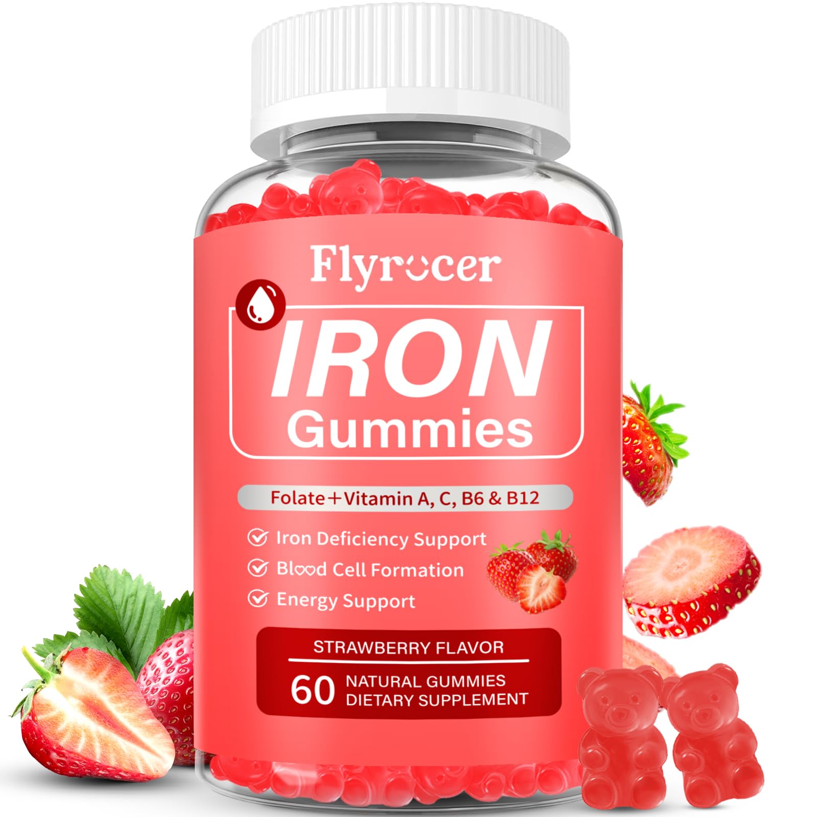 Iron Gummies for Men and Women, Energize, Combat Fatigue, Support Anemia Recovery. Packed with Iron, Folate, Vitamin C, in Vegan Strawberry Flavor, 60 Gummies Strawberry 60 Count (Pack of 1)