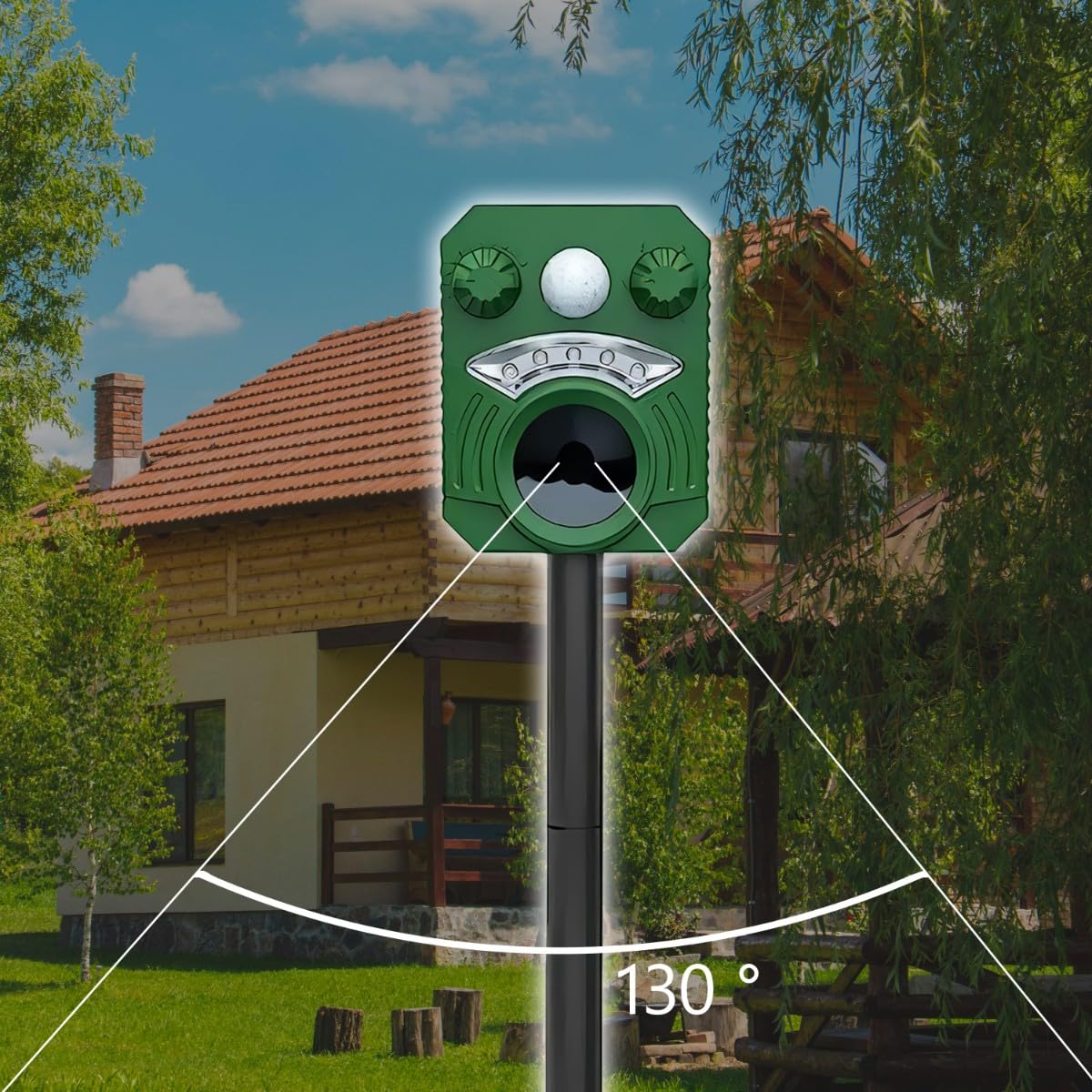 Retoo Ultradźwiękowy odstraszacz z solarnym zasilaniem i lampą błyskową przeciwko kotom, kunom, psom, odstraszanie zwierząt, multi-częstotliwość 16-60 kHz, odstrasza koty, psy, kuny, ultradźwięki